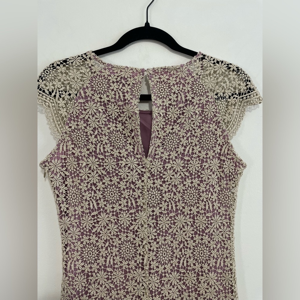 MIGNON DOO Anthropologie Lace Overlay Sheath Dress | Light Purple & Gold, Size 6 - Picture 10 of 13
